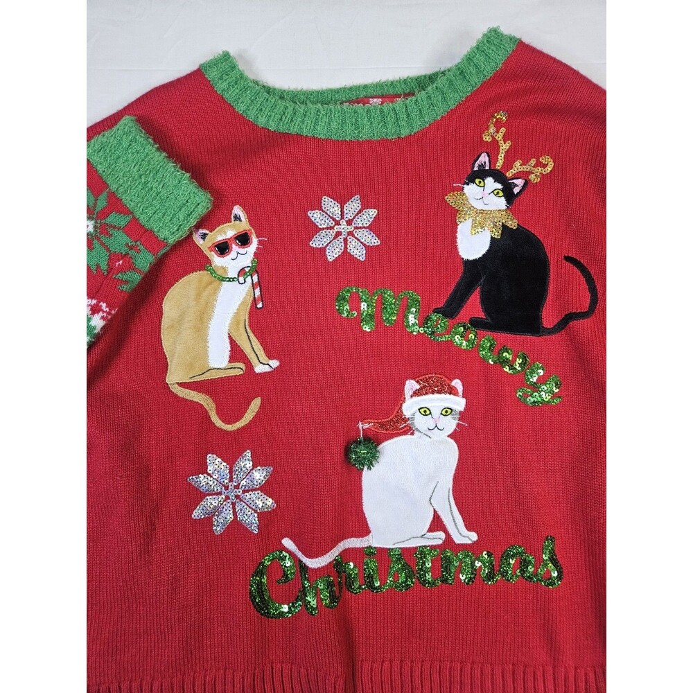 Meowy Christmas Sweater Women's Sz 2X Red Cat Kitties Fair Isle Ugly Fuzzy